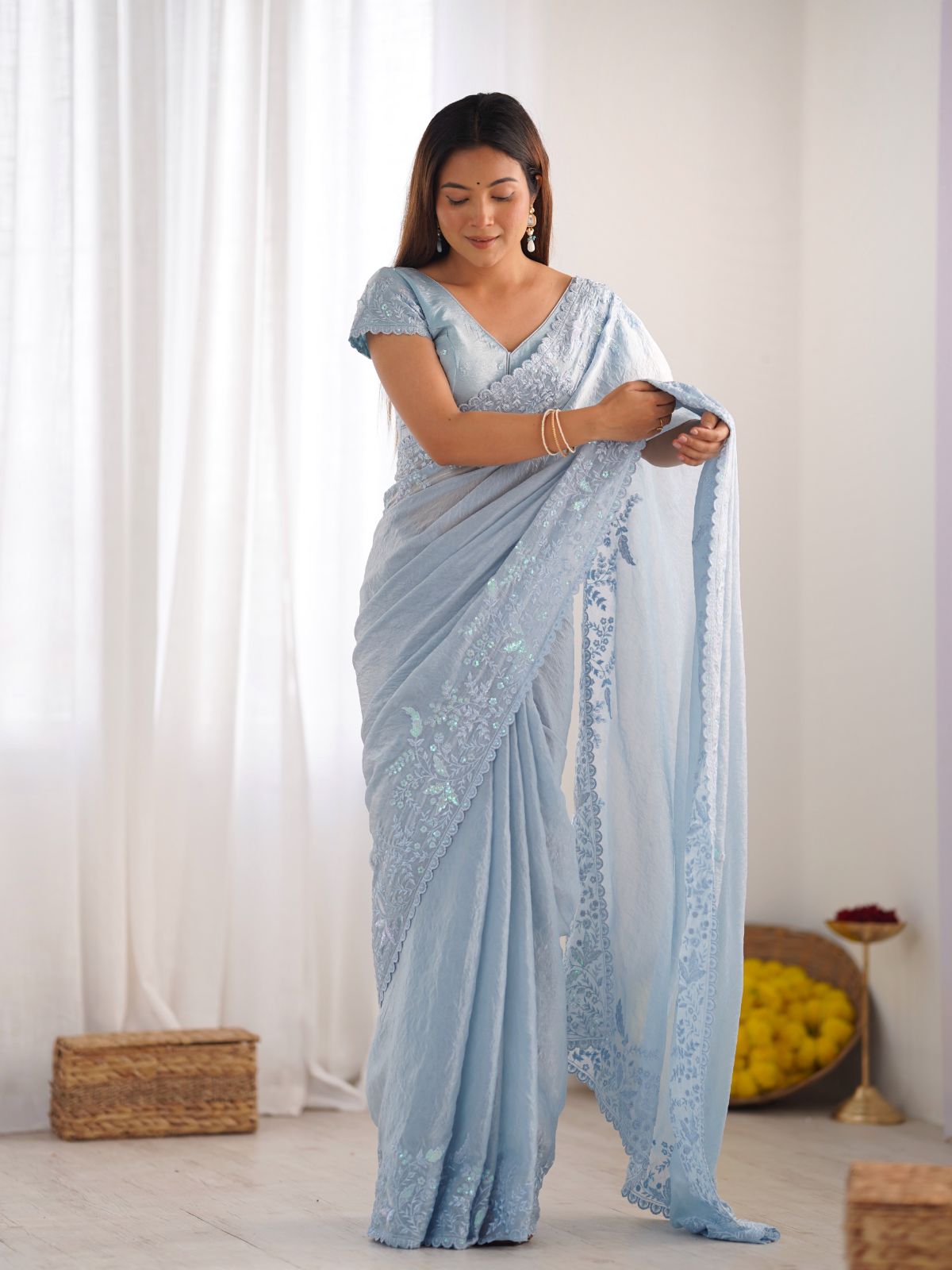 Odette Blue Crushed Tissue Embroidered Saree With Unstitched Blouse For Women