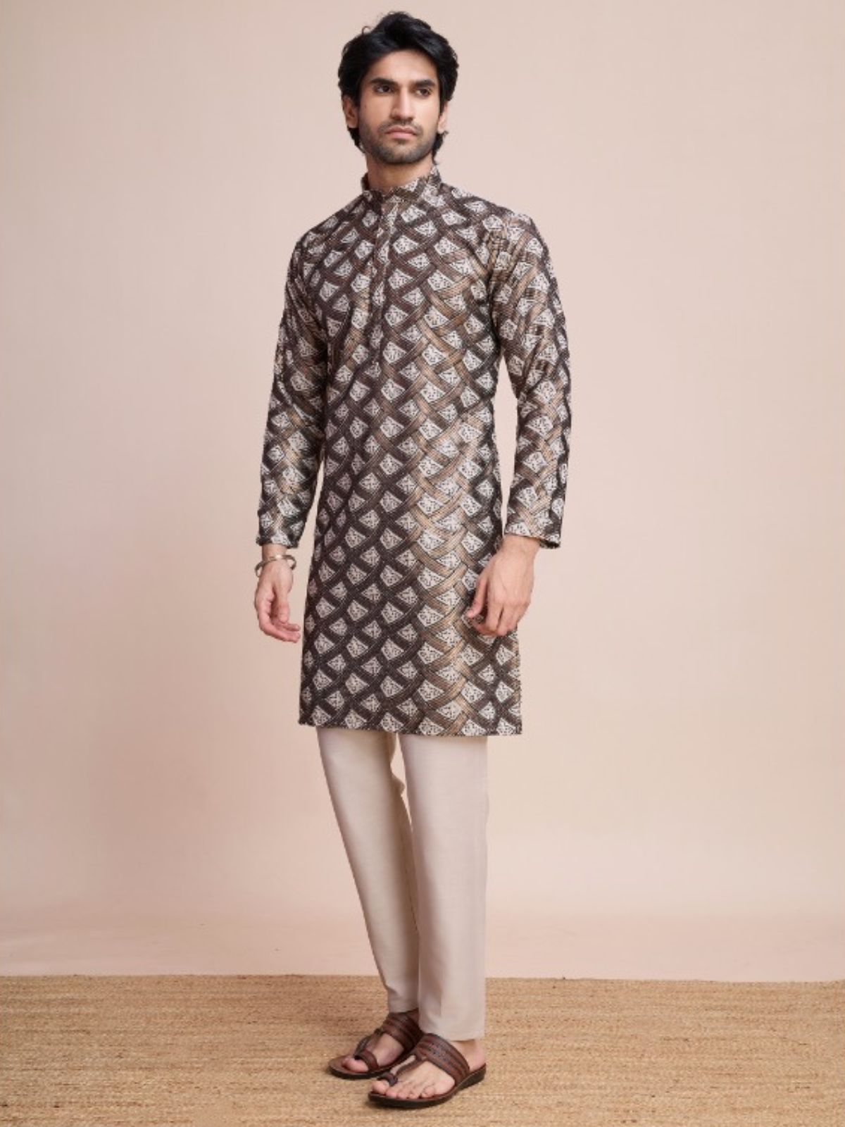 Odette White Silk Blend Gold Sequins Stitched  Kurta For Men