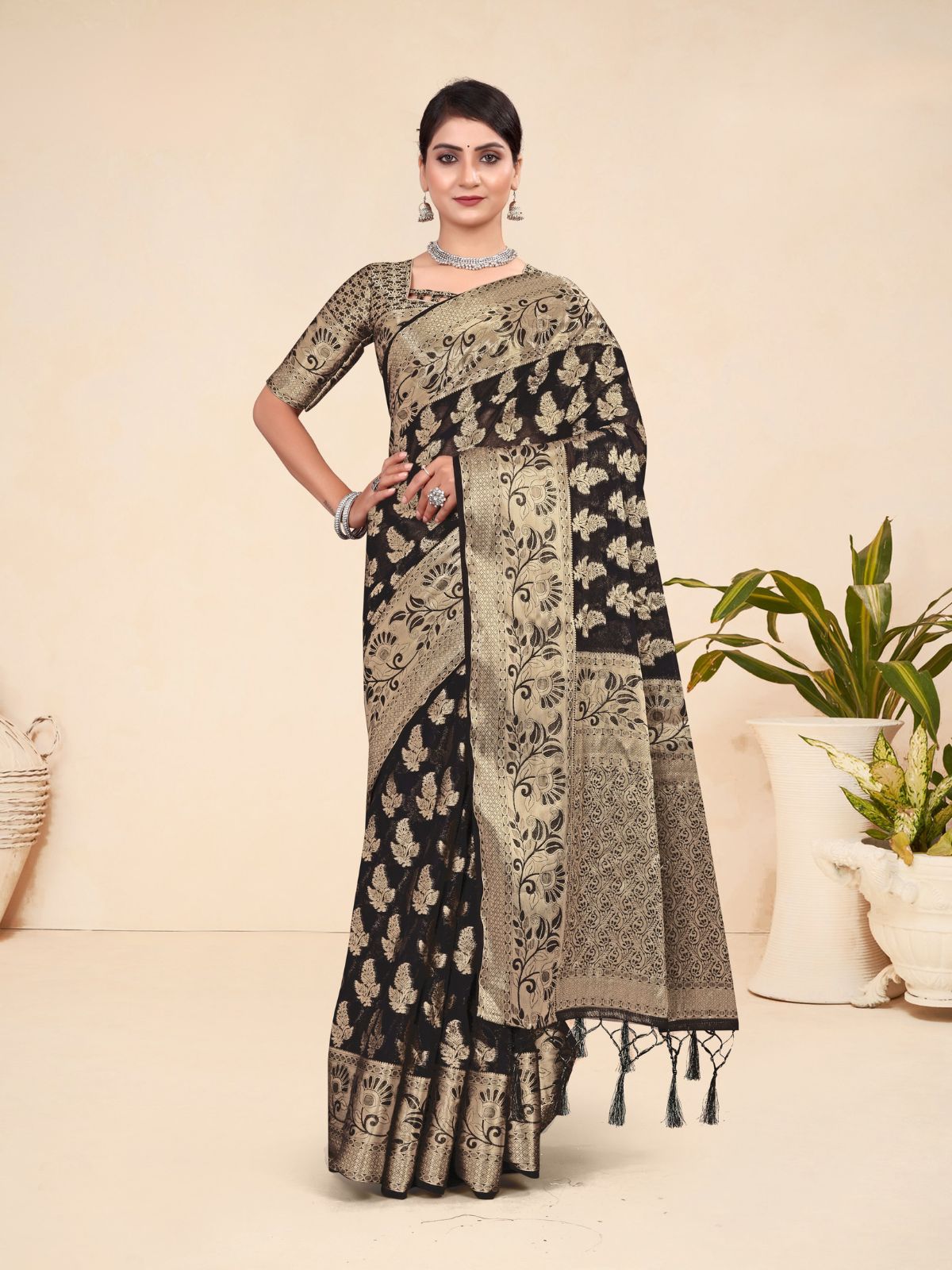 Odette Black Viscose  Woven Saree With Unstitched Blouse For Women