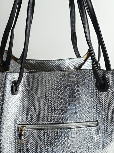 Odette Silver PU Textured Tote Bag For Women