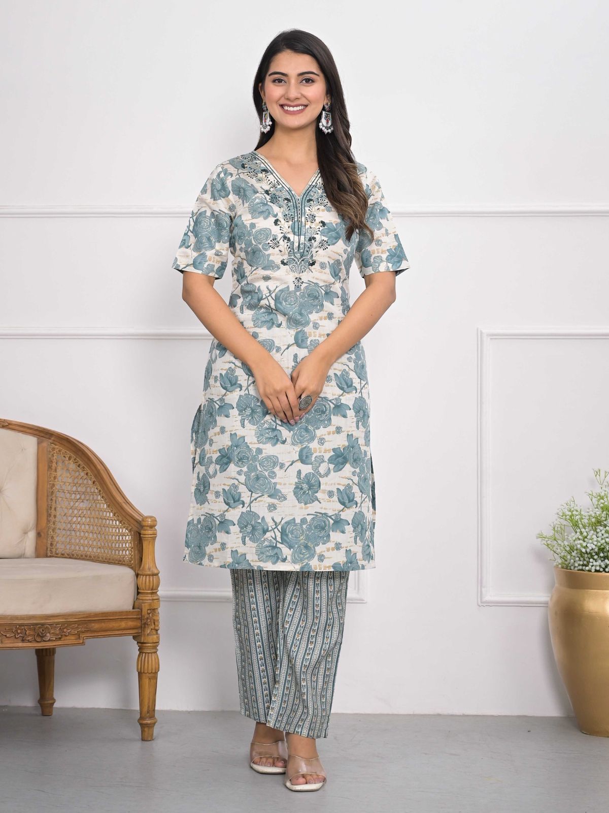 Odette Off White And Blue Chanderi Embroidered And Printed Stitched Kurta Set Without Dupatta For Women