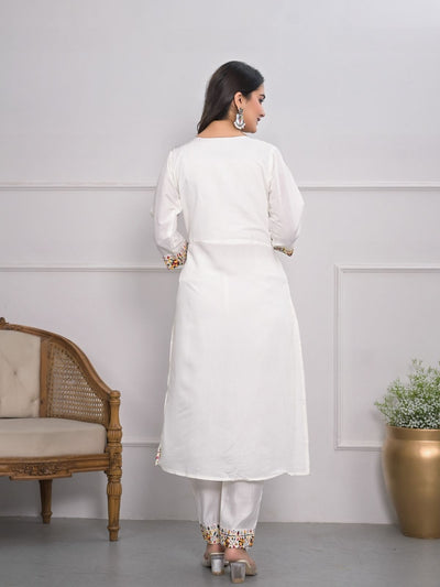 Odette White Silk Blend Embroidered Stitched Kurta Set For Women