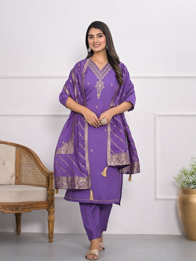 Odette Purple Silk Blend Embroidered Stitched Kurta Set For Women