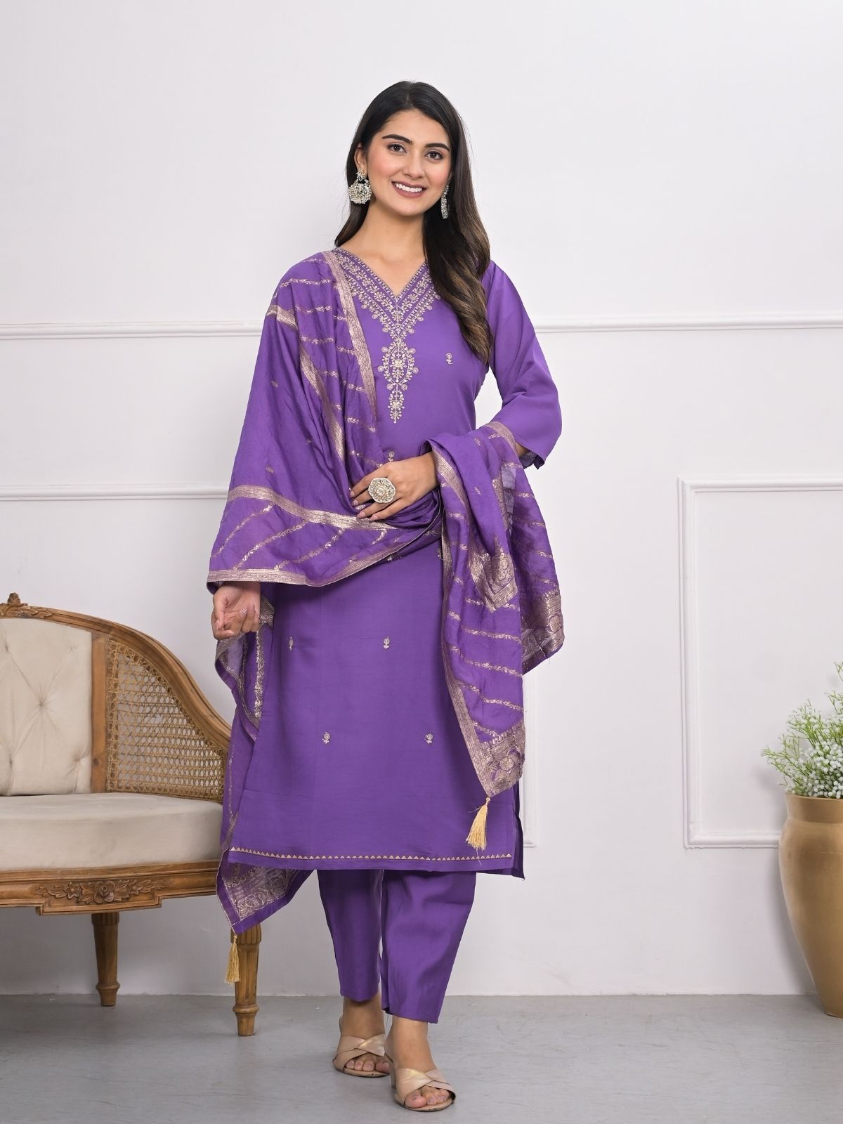 Odette Purple Silk Blend Embroidered Stitched Kurta Set For Women