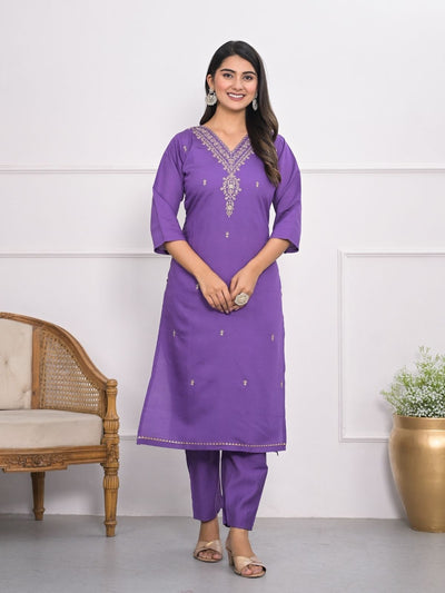 Odette Purple Silk Blend Embroidered Stitched Kurta Set For Women