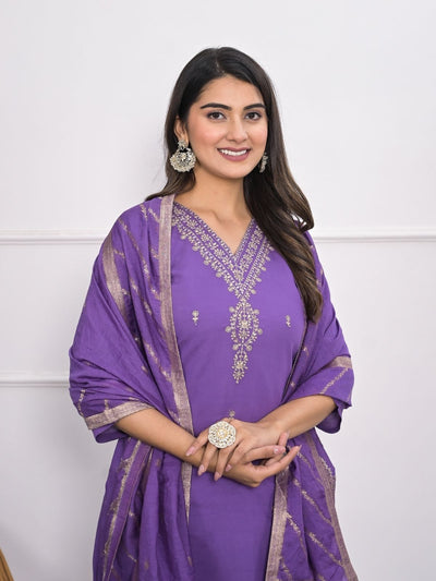 Odette Purple Silk Blend Embroidered Stitched Kurta Set For Women