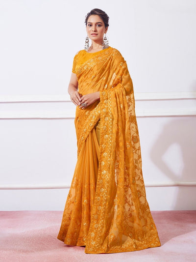 Odette Mustard Simmar Embroidered Saree With Unstitched Blouse For Women