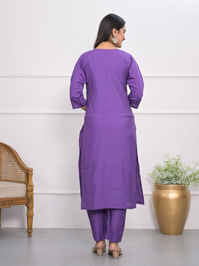 Odette Purple Silk Blend Embroidered Stitched Kurta Set For Women