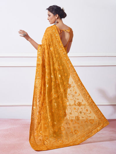 Odette Mustard Simmar Embroidered Saree With Unstitched Blouse For Women