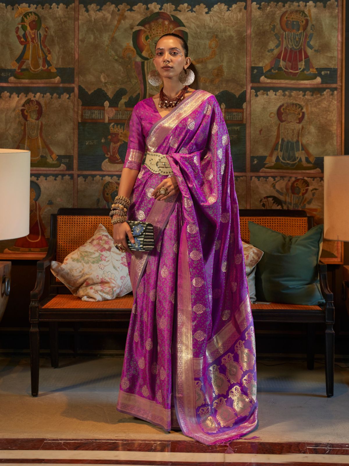 Odette Purple Silk Blend Woven Saree With Unstitched Blouse for Women