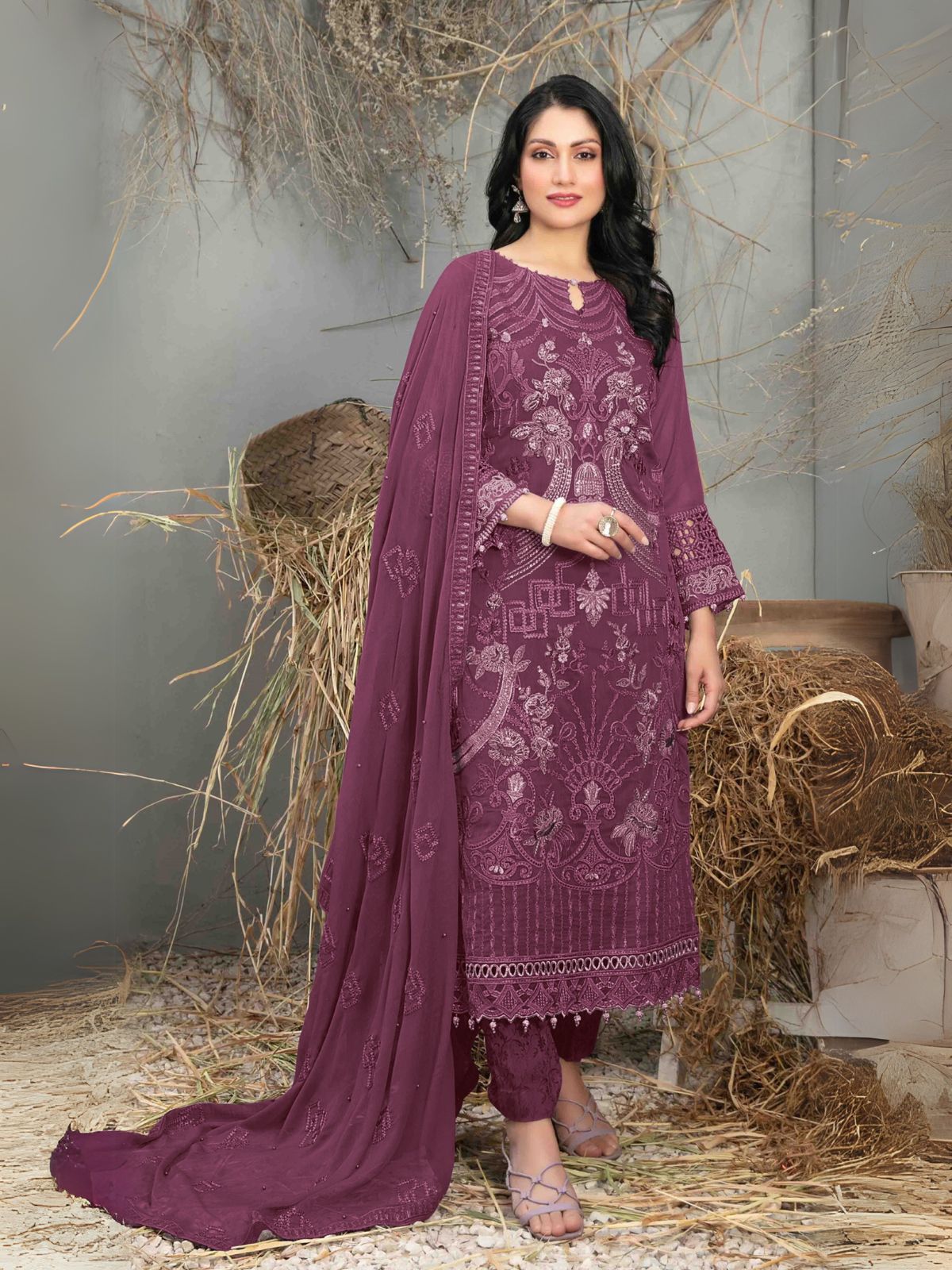 Odette Wine Georgette Embroidered Semi-Stitched Kurta Set For Women