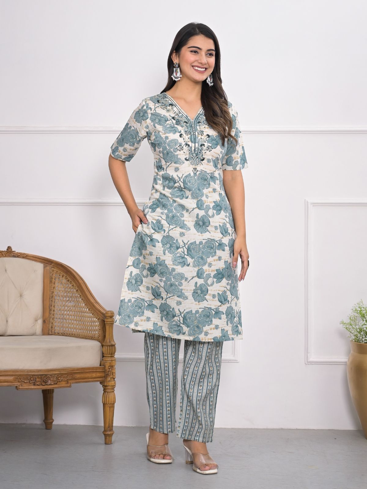 Odette Off White And Blue Chanderi Embroidered And Printed Stitched Kurta Set Without Dupatta For Women