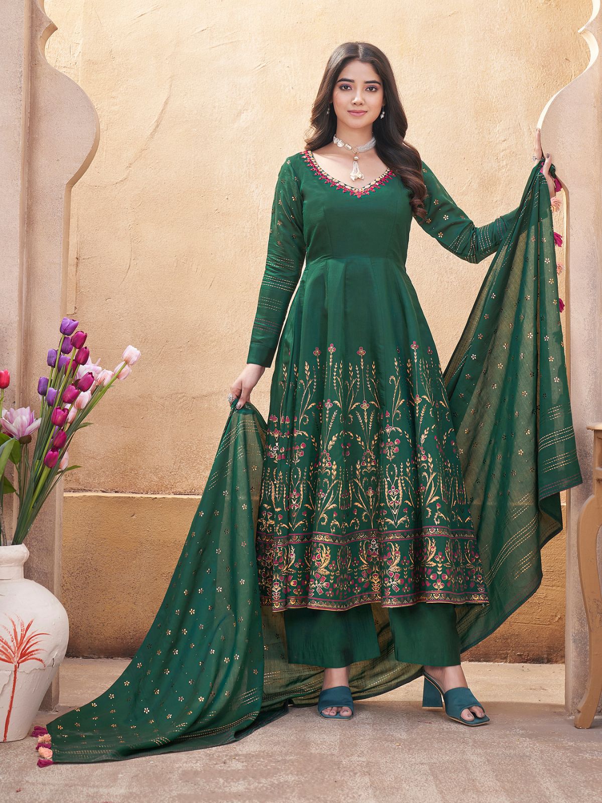 Odette Dark Green Silk Blend Printed Stitched Kurta Set For Women