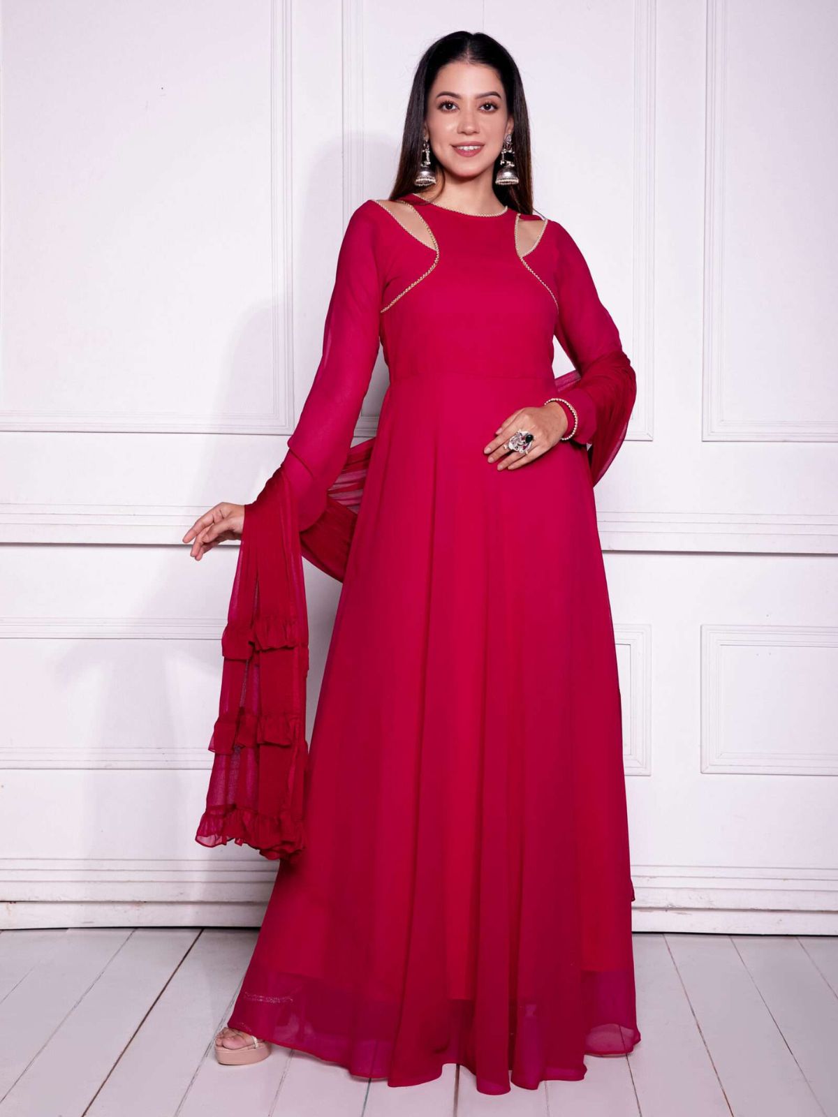 Odette Red Georgette Beads Stitched Gown For women