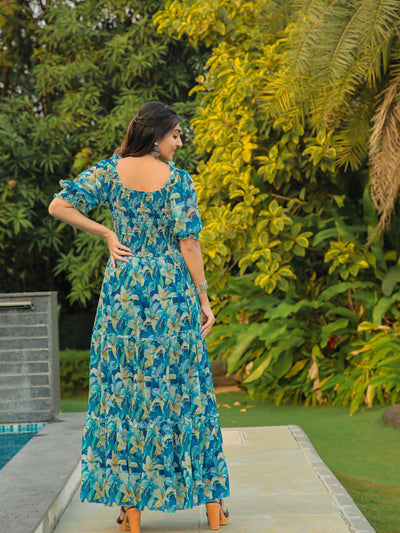 Odette Blue Georgette Stitched Printed Indo Western Dress For Women
