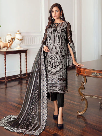 Odette Black Georgette White Embroidered Semi-Stitched Kurta Set For Women