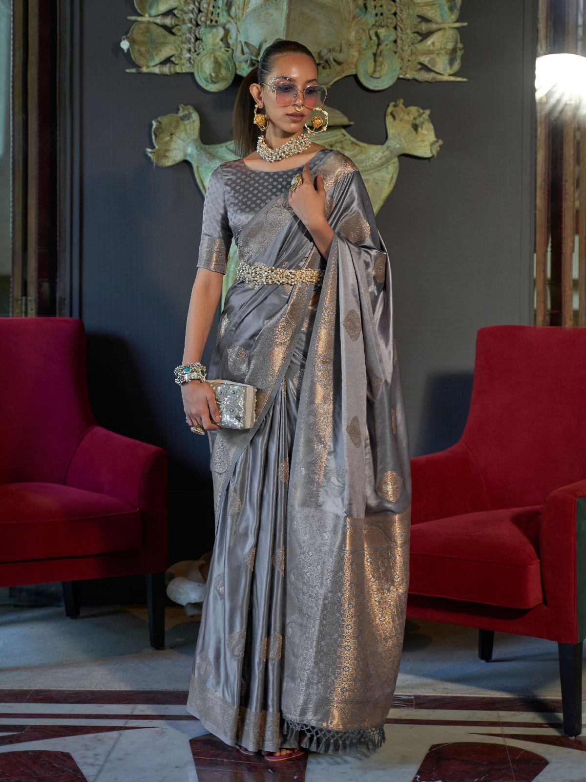 Odette Grey Silk Blend Woven Saree With Unstitched Blouse for Women