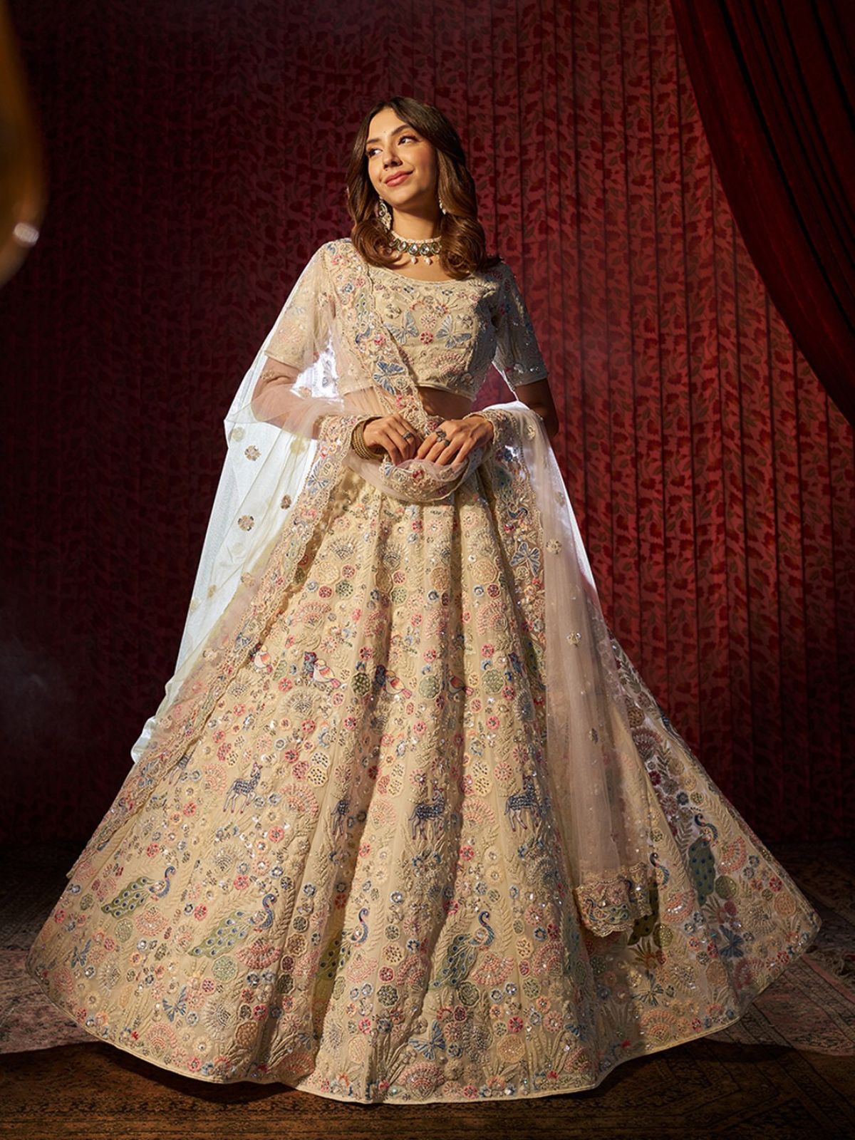 Odette Cream Georgette Embroidered Semi-Stitched Lehenga For Women