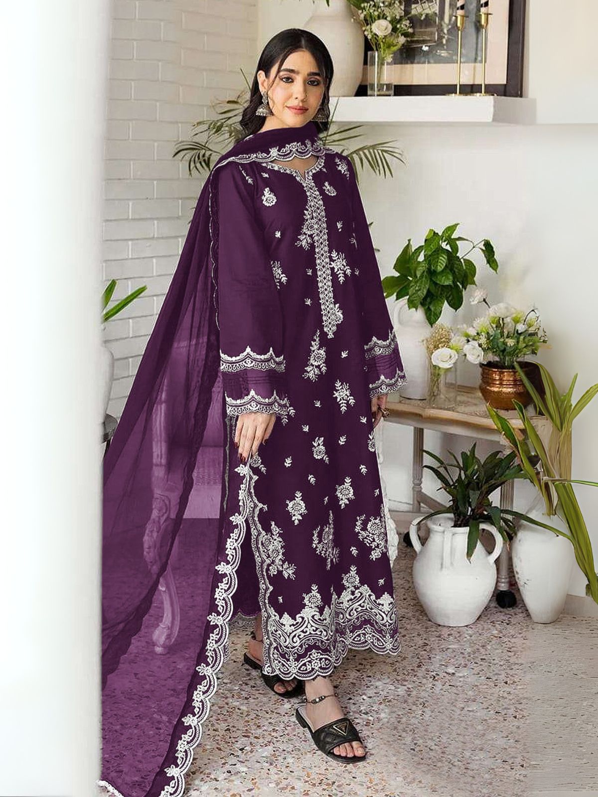 Odette Wine Georgette Embroidered Semi-Stitched Kurta Set For Women