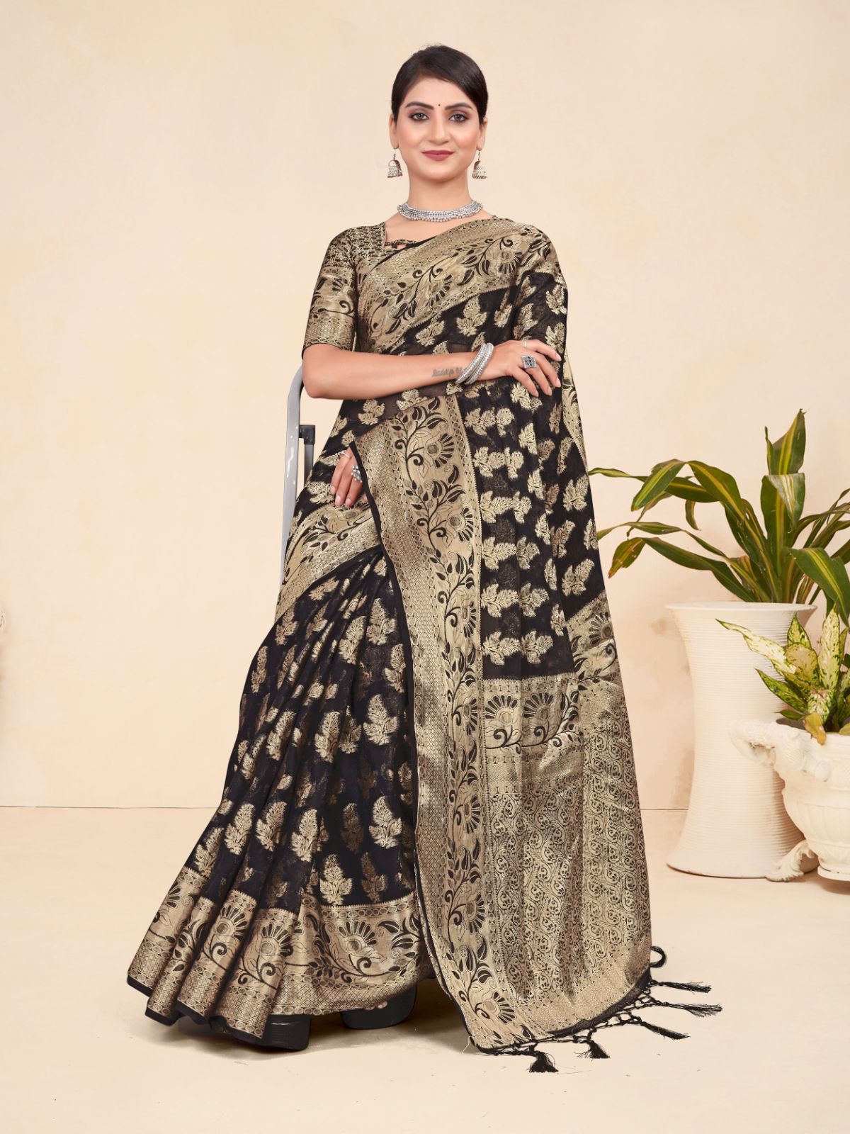 Odette Black Viscose  Woven Saree With Unstitched Blouse For Women