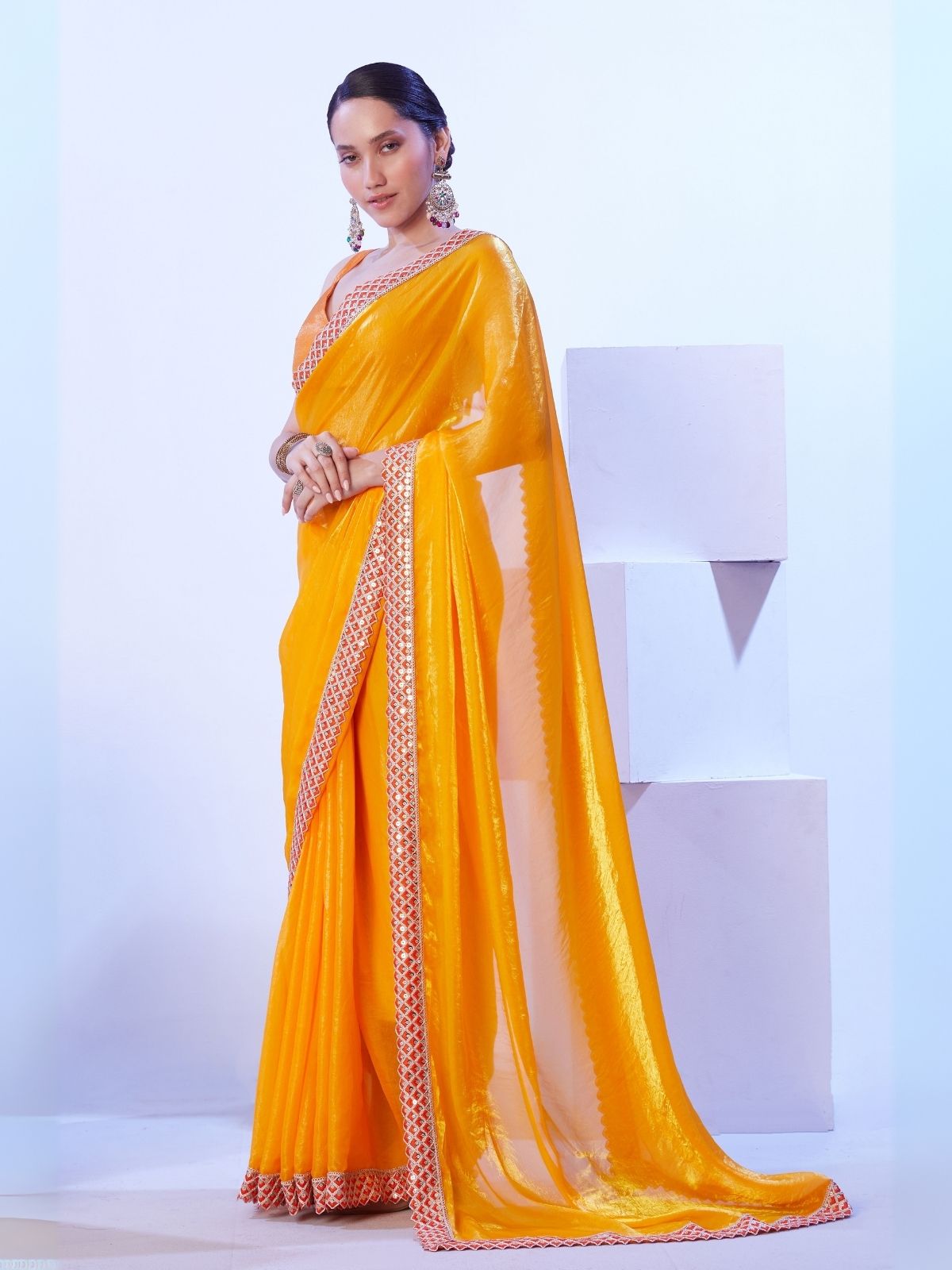 Odette Yellow Satin Lace Work Saree With Unstitched Blouse For Women