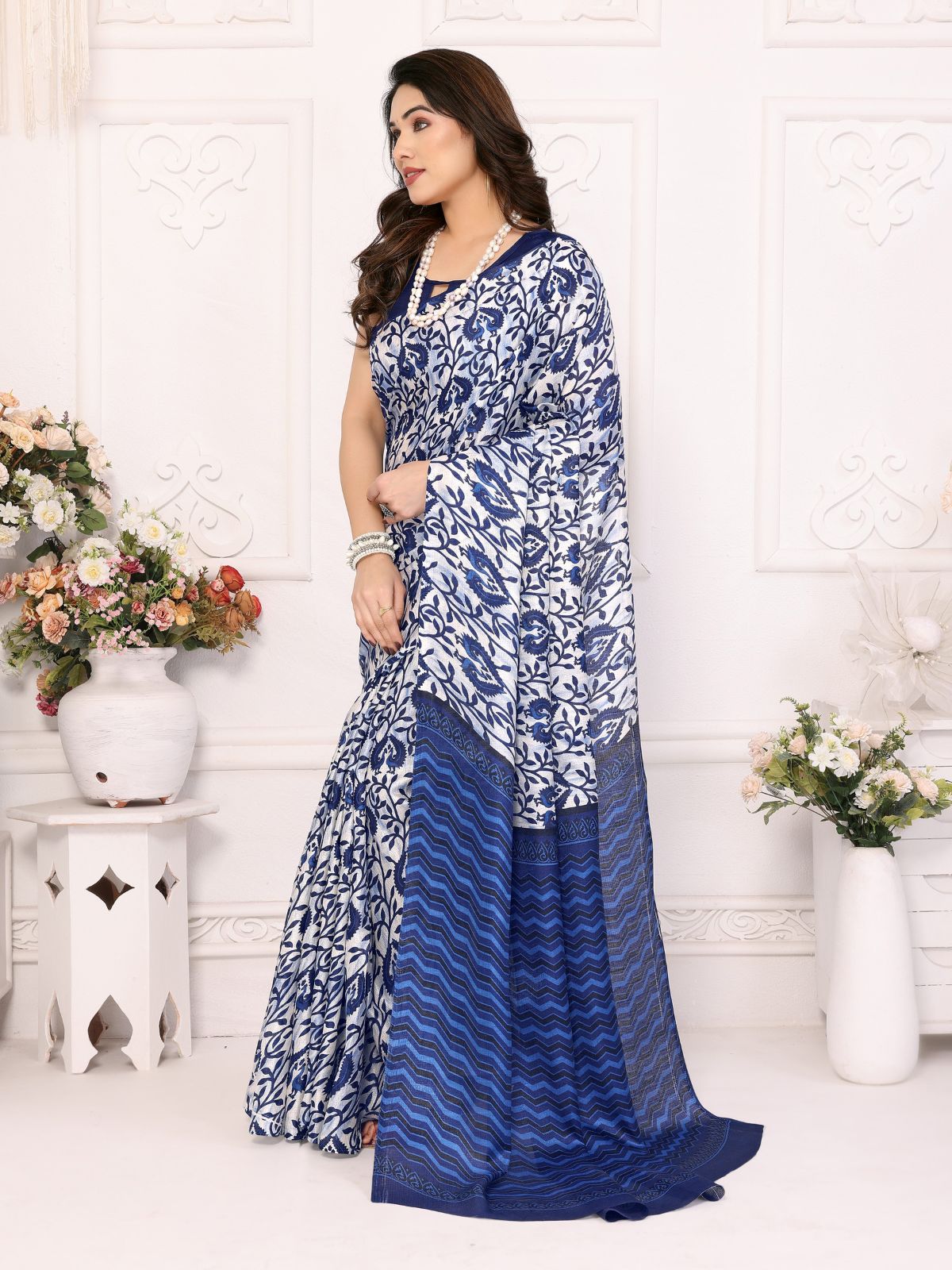 Odette Blue Khadi Printed Saree With Unstitched Blouse For Women