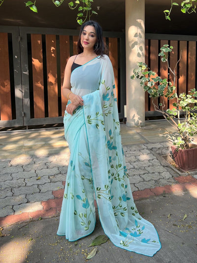 Odette Light Blue Georgette Printed Saree With Unstitched Blouse For Women