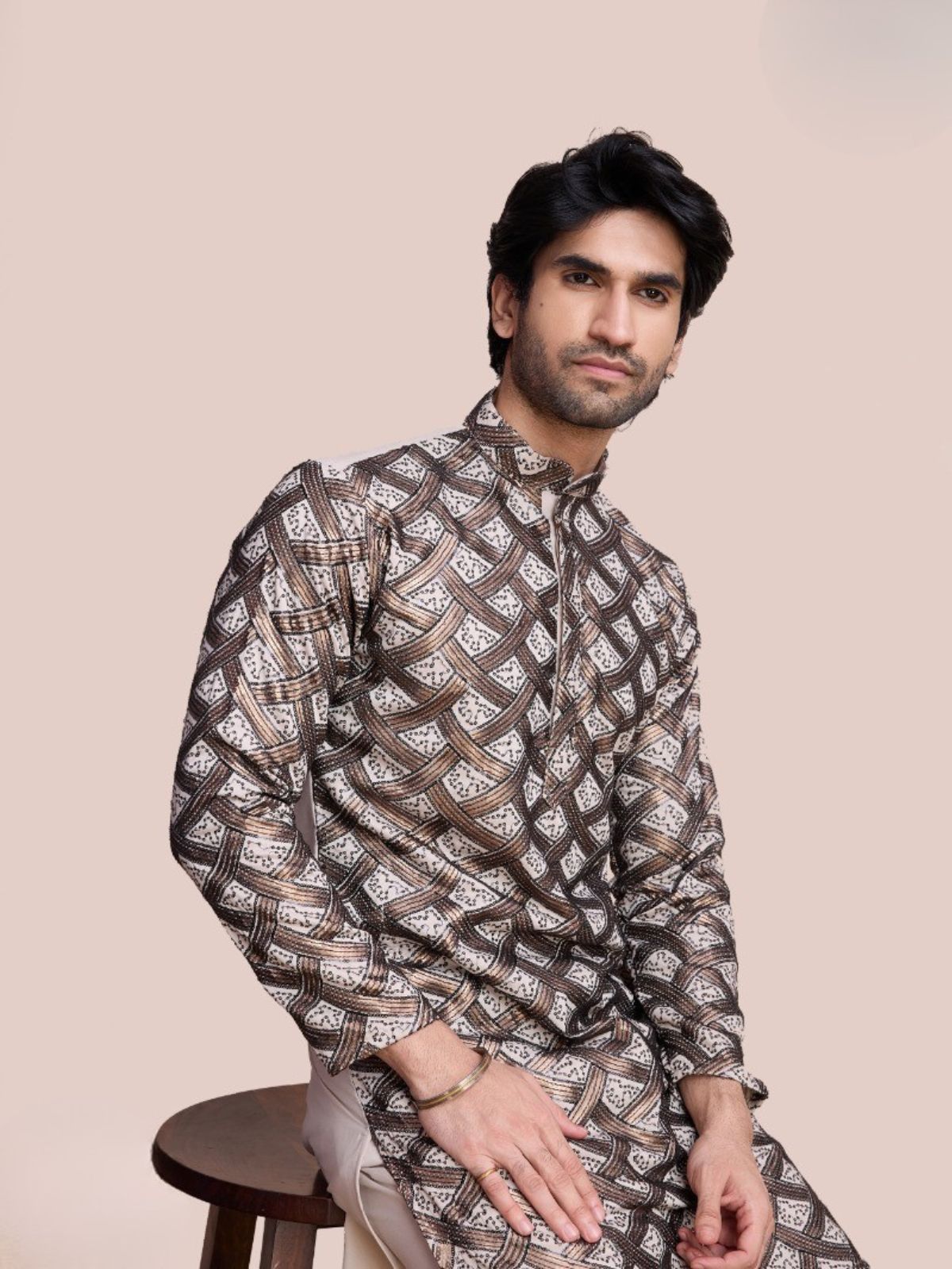 Odette White Silk Blend Gold Sequins Stitched  Kurta For Men