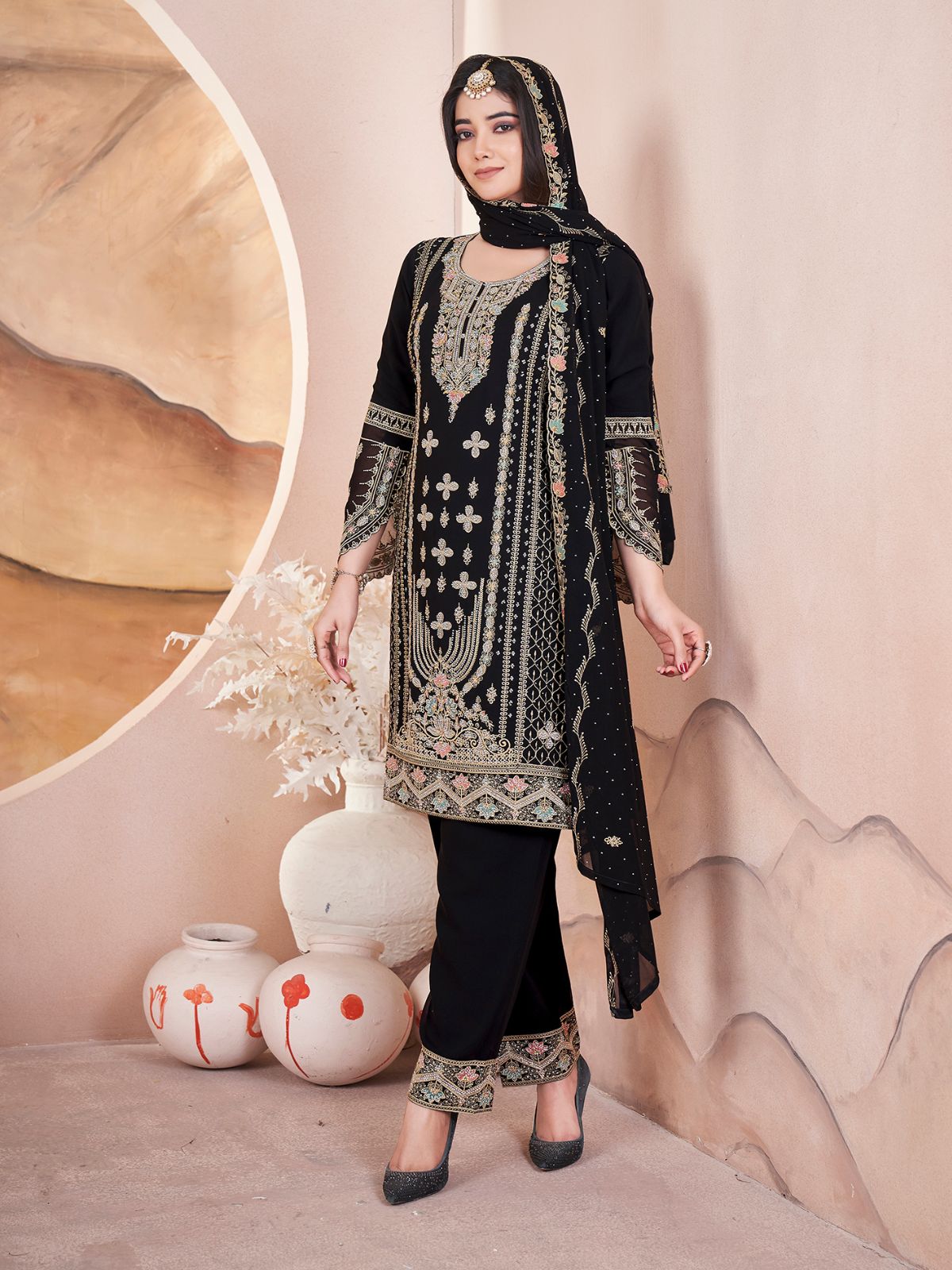 Odette Black Georgette Embroidered Stitched Kurta Set For Women