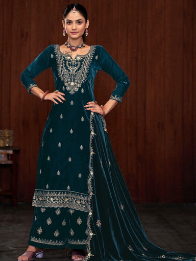 Odette Teal Velvet Embroidered Semi-Stitched Kurta Set For Women