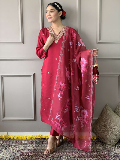 Odette Magenta Viscose Embroidered Stitched Kurta Set For Women