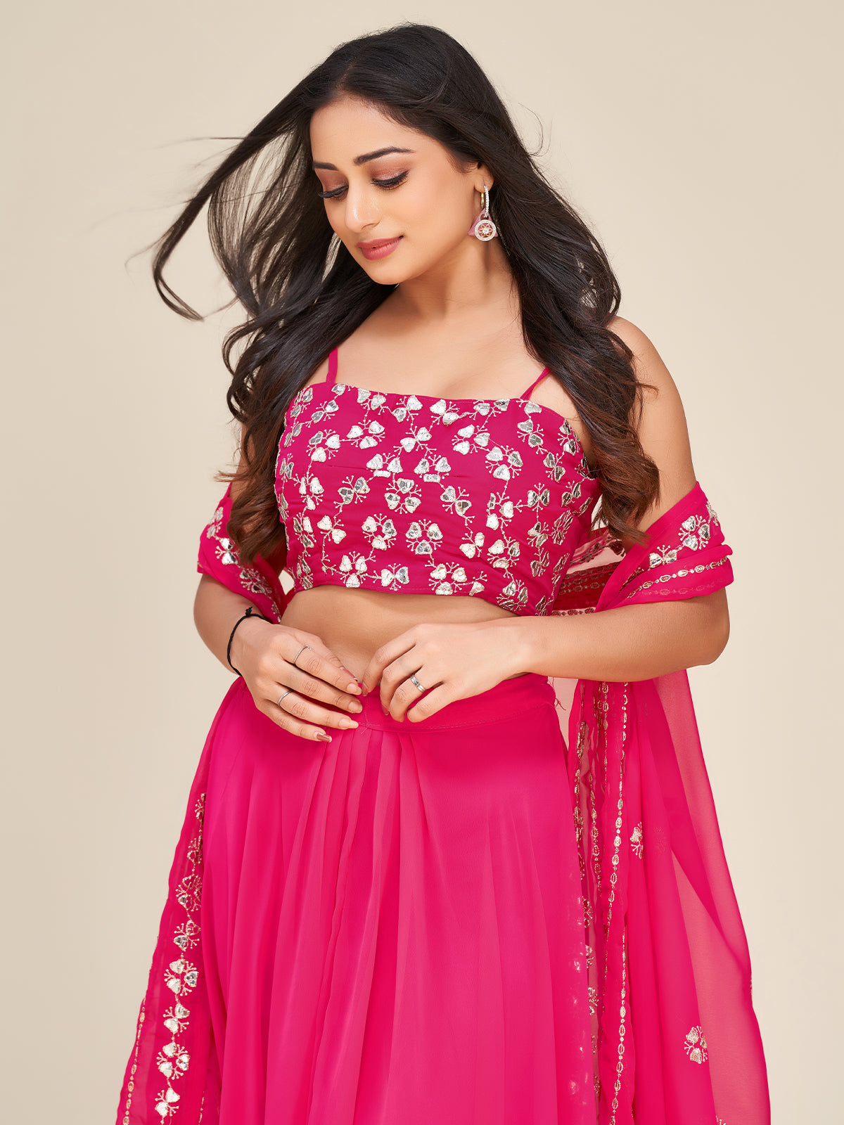 Odette Women Designer Pink Georgette Semi Stitched Lehenga With Unstit