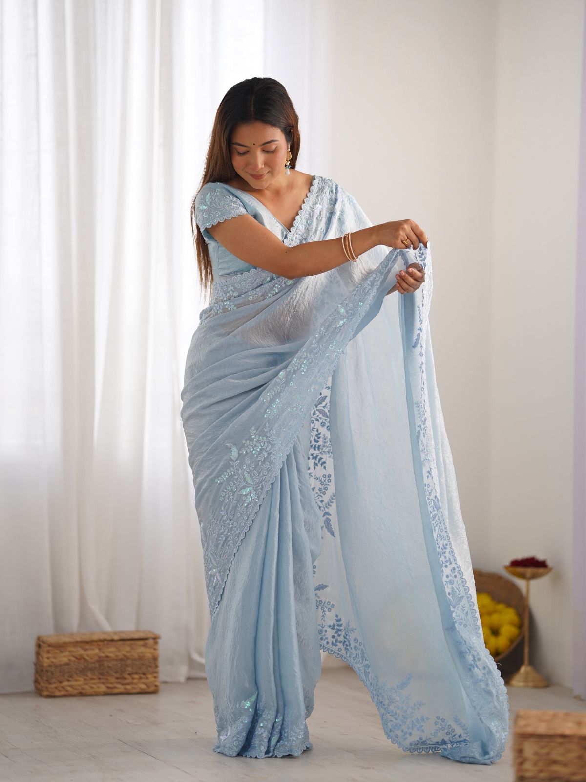 Odette Blue Crushed Tissue Embroidered Saree With Unstitched Blouse For Women