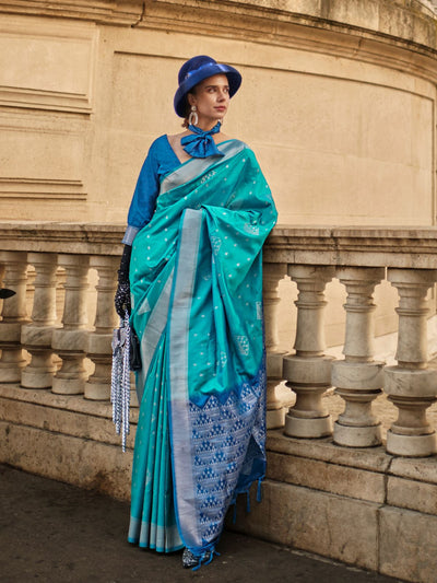 Odette Teal Soft Silk Woven Saree With Unstitched Blouse For Women