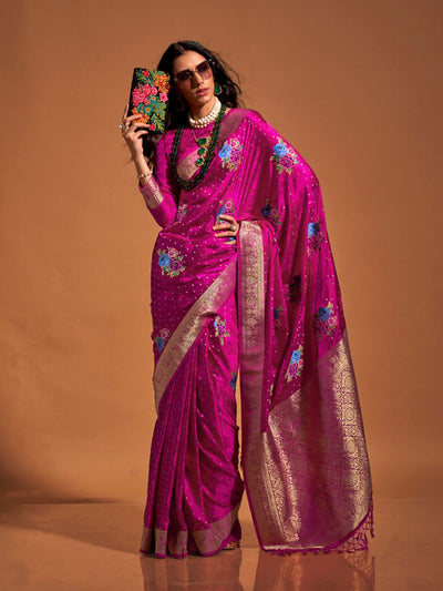 Odette Pink Satin Woven Saree With Unstitched Blouse For Women