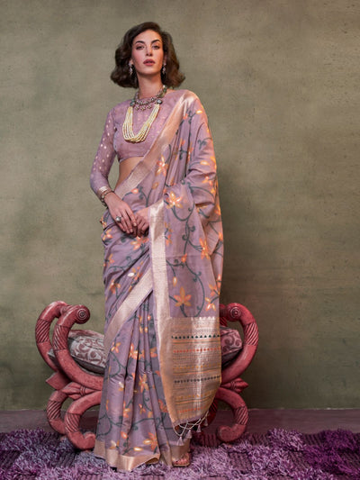 Odette Lavender Silk Blend Woven Saree With Unstitched Blouse For Women