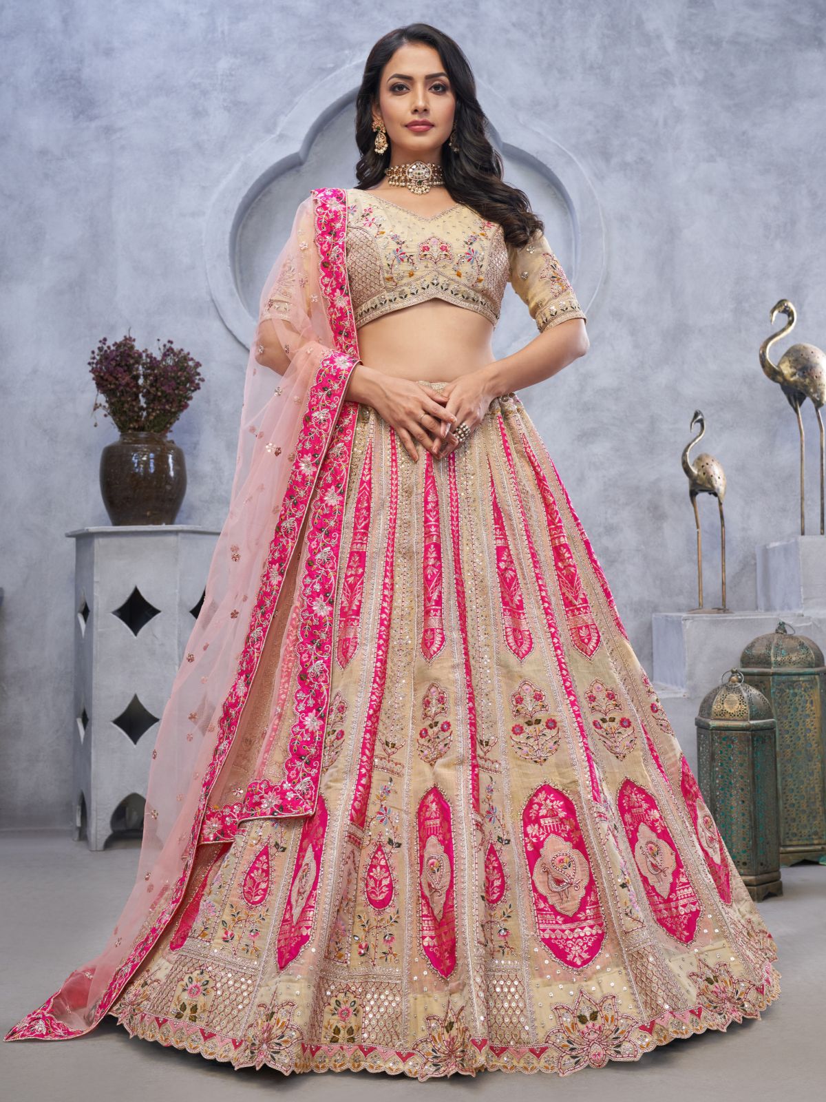 Odette Beige Organza Embellished Semi-Stitched Lehenga With Unstitched Blouse For Women