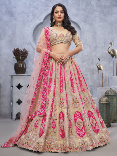 Odette Beige Organza Embellished Semi-Stitched Lehenga With Unstitched Blouse For Women