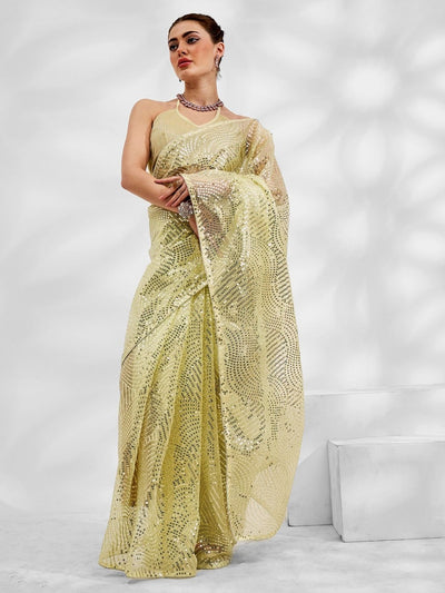 Odette Lime Net Organza Sequins Saree With Unstitched Blouse For Women