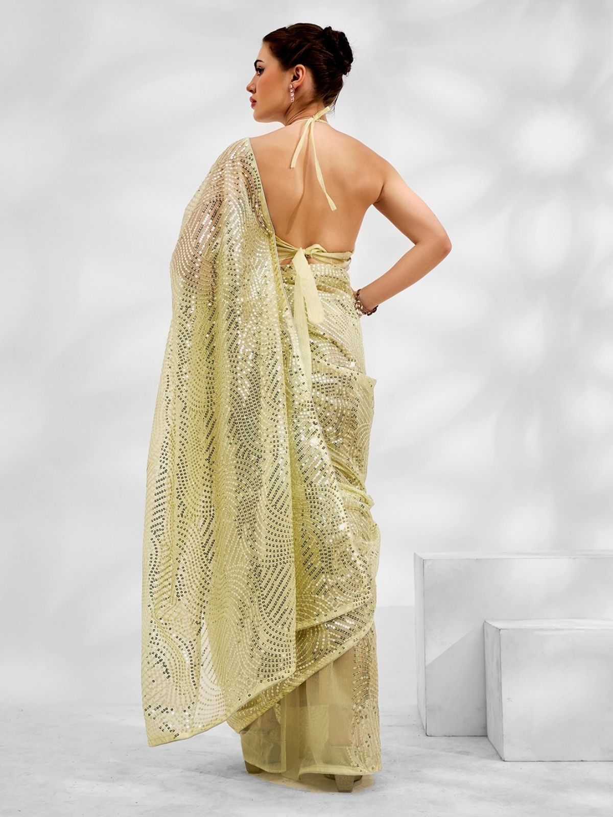 Odette Lime Net Organza Sequins Saree With Unstitched Blouse For Women