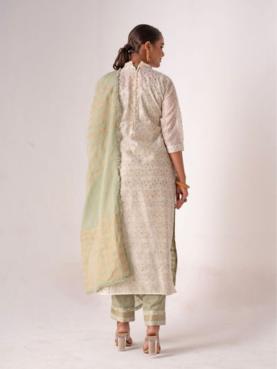 Odette White Art Silk Designer Embroidered Semi-Stitched Kurta Set For Women