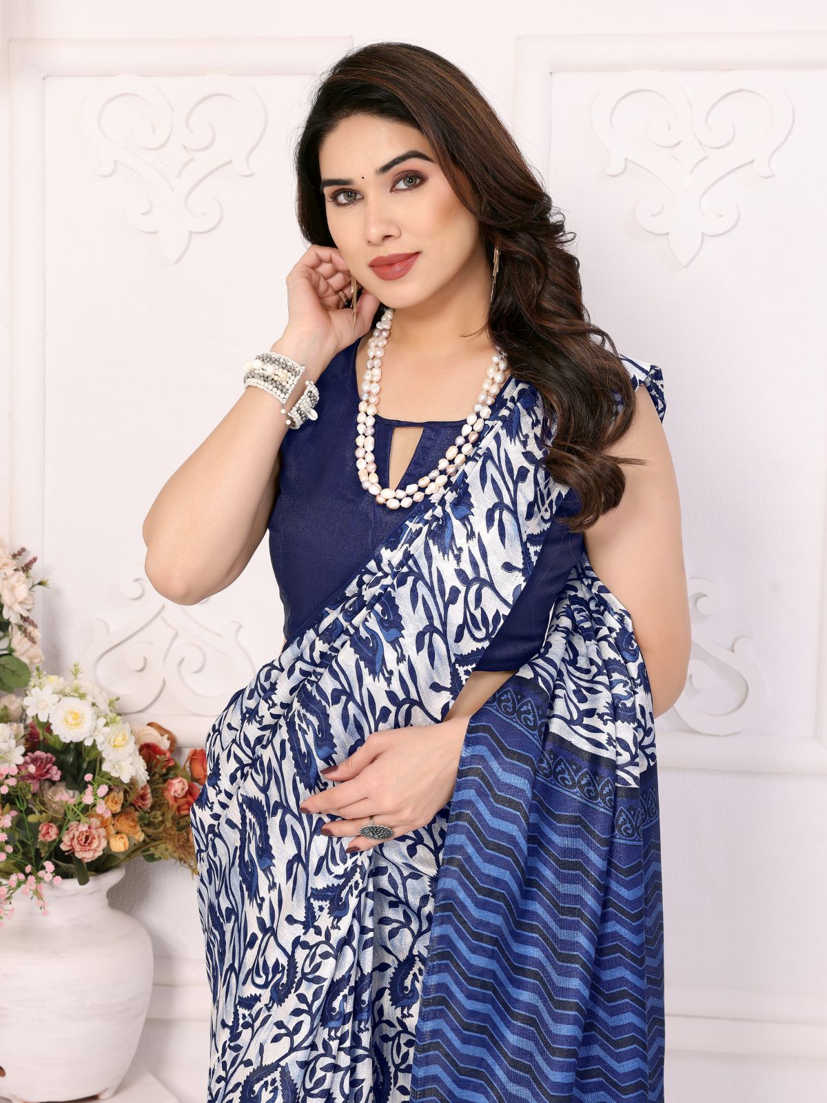 Odette Blue Khadi Printed Saree With Unstitched Blouse For Women