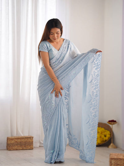 Odette Blue Crushed Tissue Embroidered Saree With Unstitched Blouse For Women