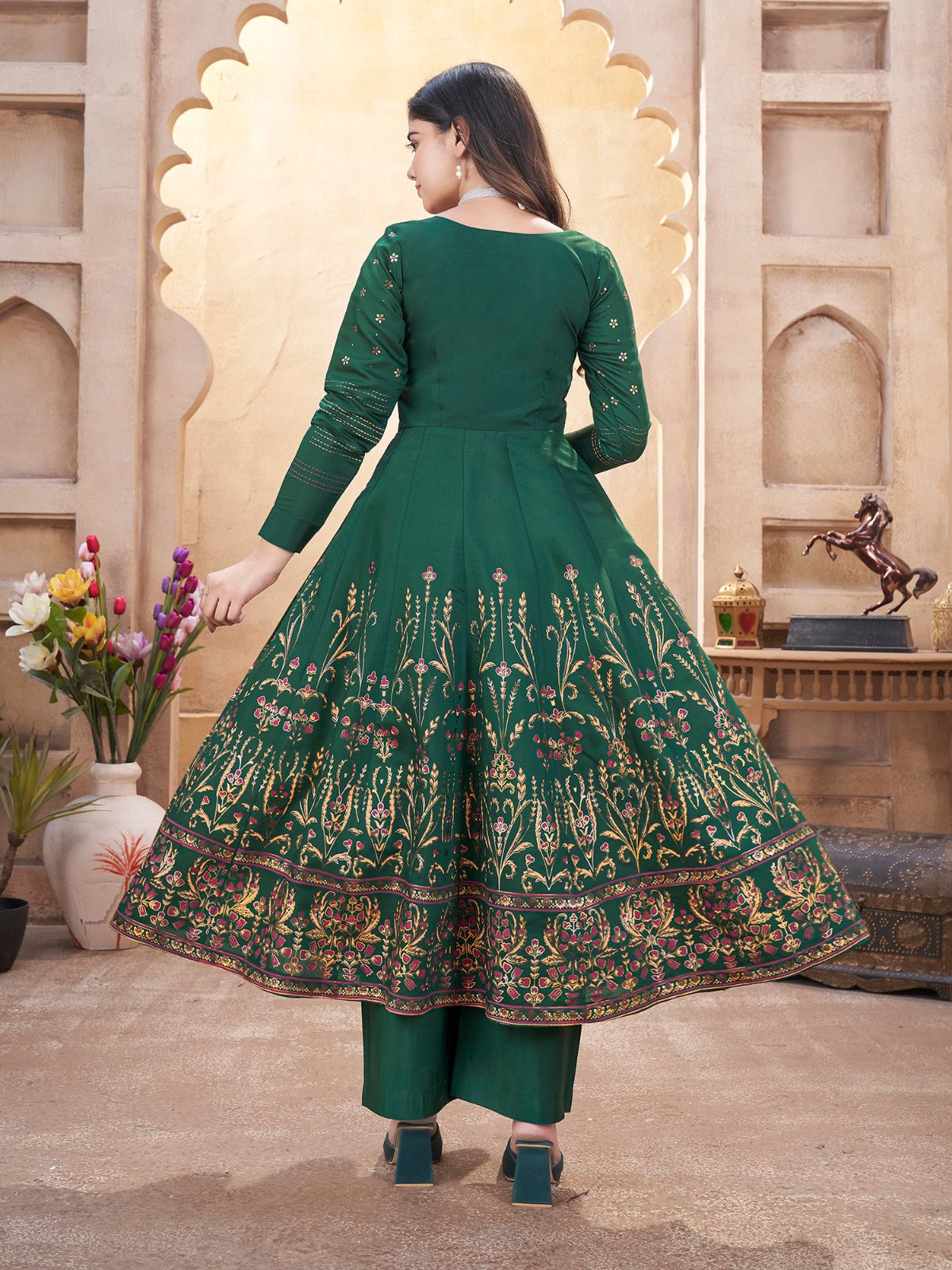 Odette Dark Green Silk Blend Printed Stitched Kurta Set For Women