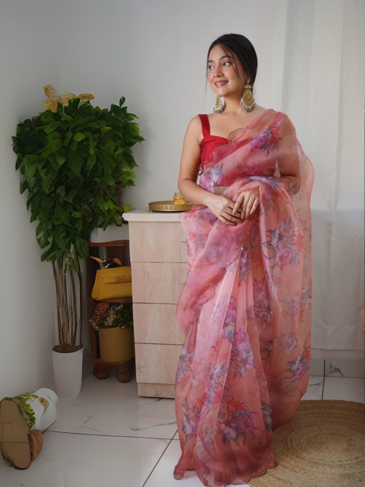 Odette Peach Organza Printed Saree With Unstitched Blouse For Women