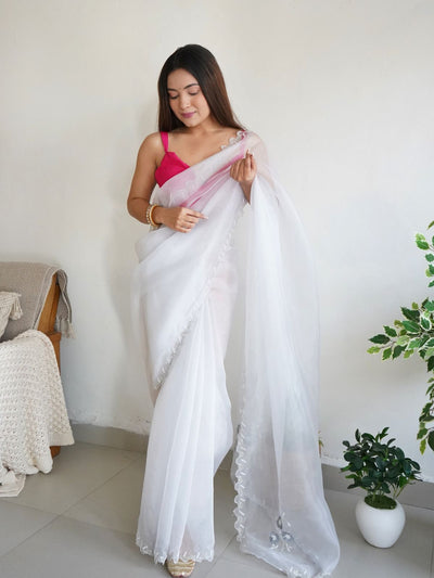 Odette White Organza Embroidered Saree With Unstitched Blouse For Women