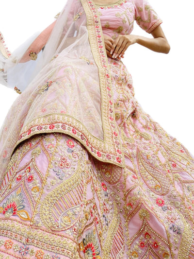 Odette Women Pink Embroidered Georgette Semi Stitched Lehenga With Unstitched Blouse
