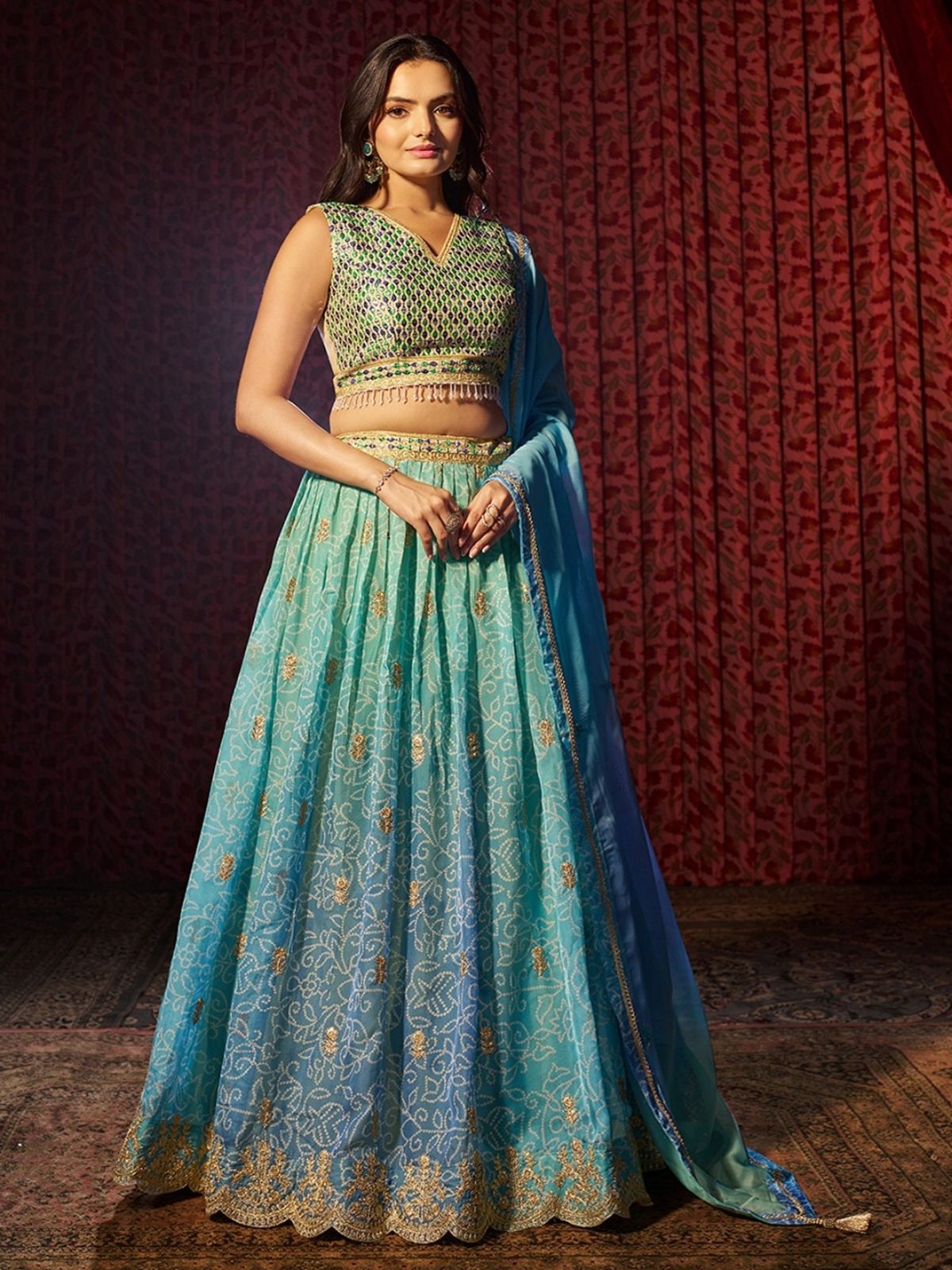 Odette Blue Organza Embroidered Semi-Stitched Lehenga For Women