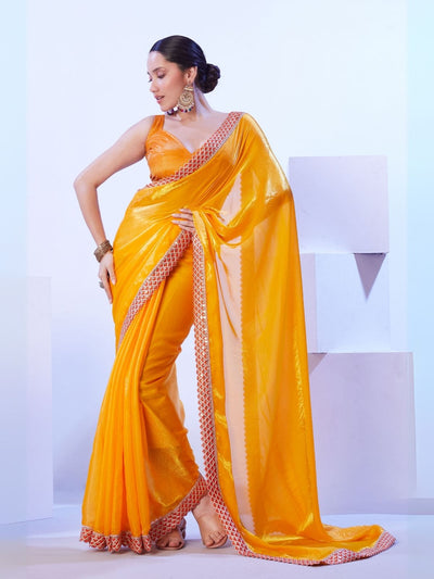 Odette Yellow Satin Lace Work Saree With Unstitched Blouse For Women