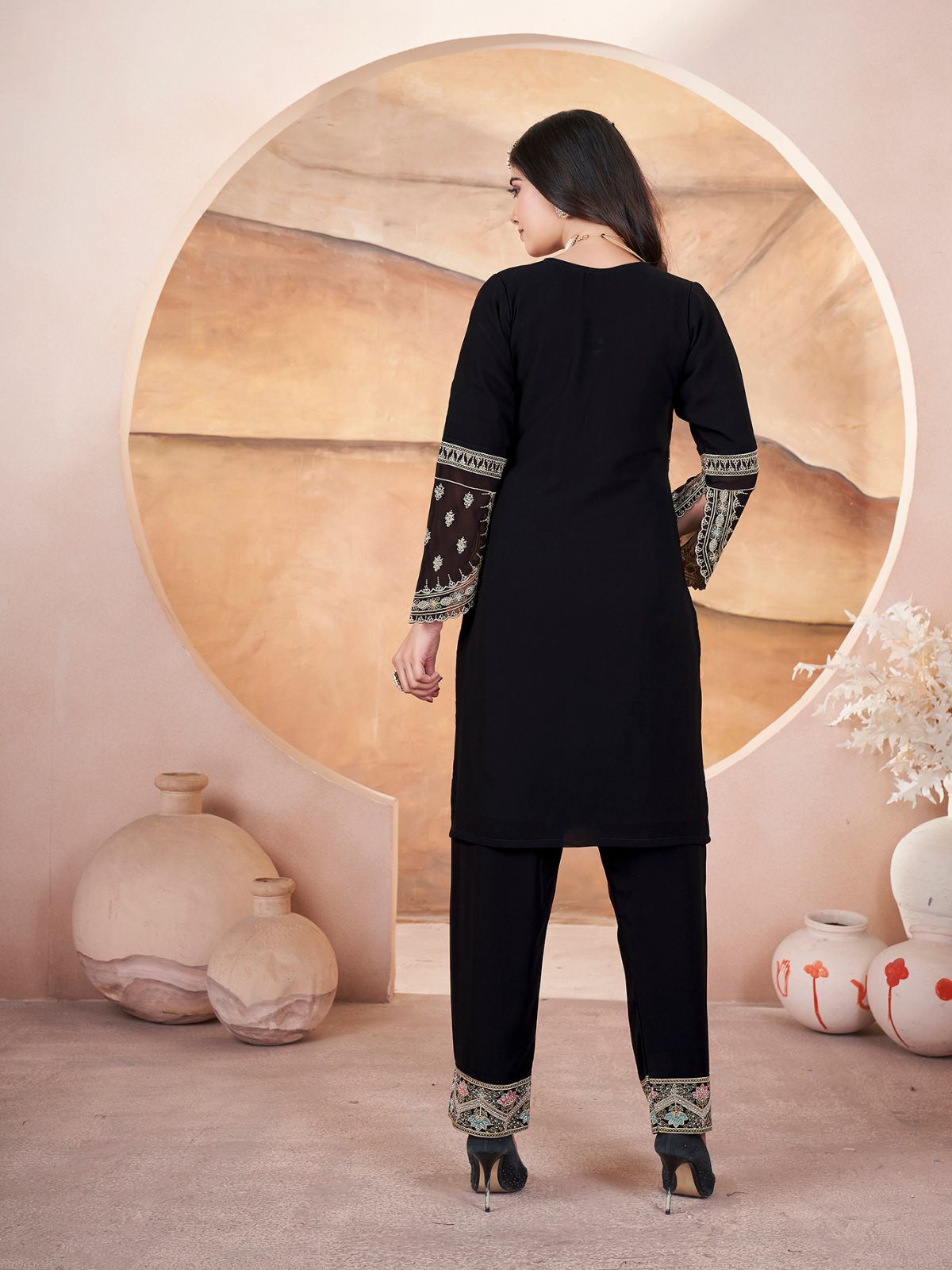 Odette Black Georgette Embroidered Stitched Kurta Set For Women